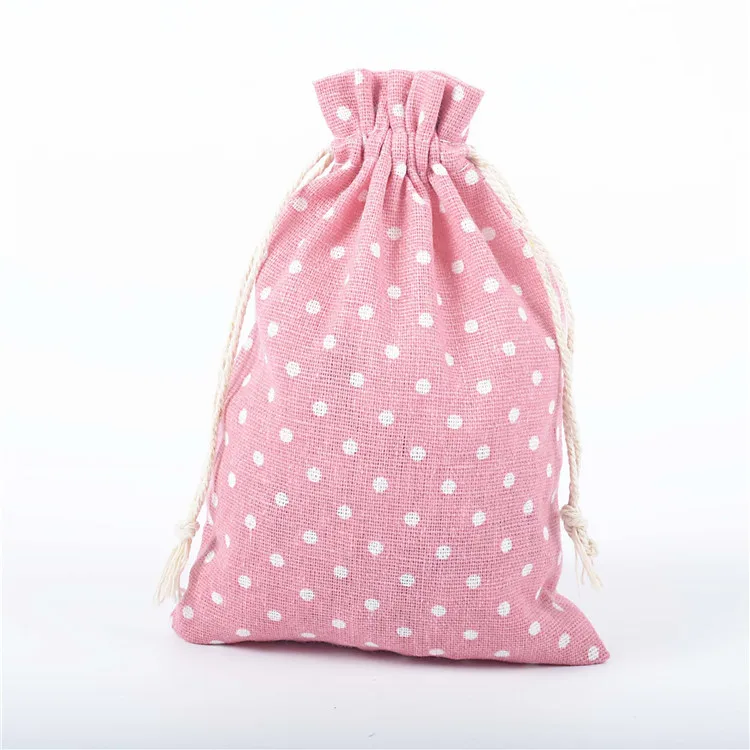 Pink white dots 50 шт., 10*14 см, мультяшная сумка на шнурке, с принтом, хлопок, лен, пачка, карман, мешочка из мешковины для конфет, ювелирных изделий, орехов, печенья, вечерние сумки, сувениры - Цвет: Pink white dots