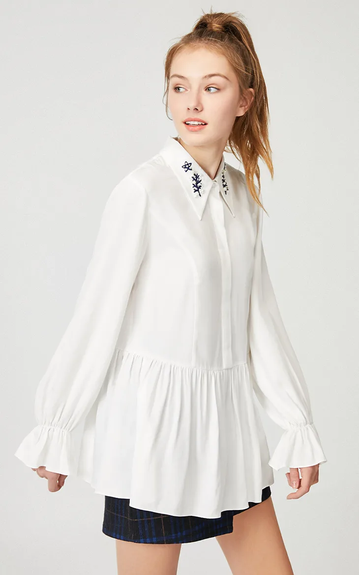 Vero Moda Женская приталенная рубашка с расклешенными рукавами и вышивкой из искусственного жемчуга | 319305538