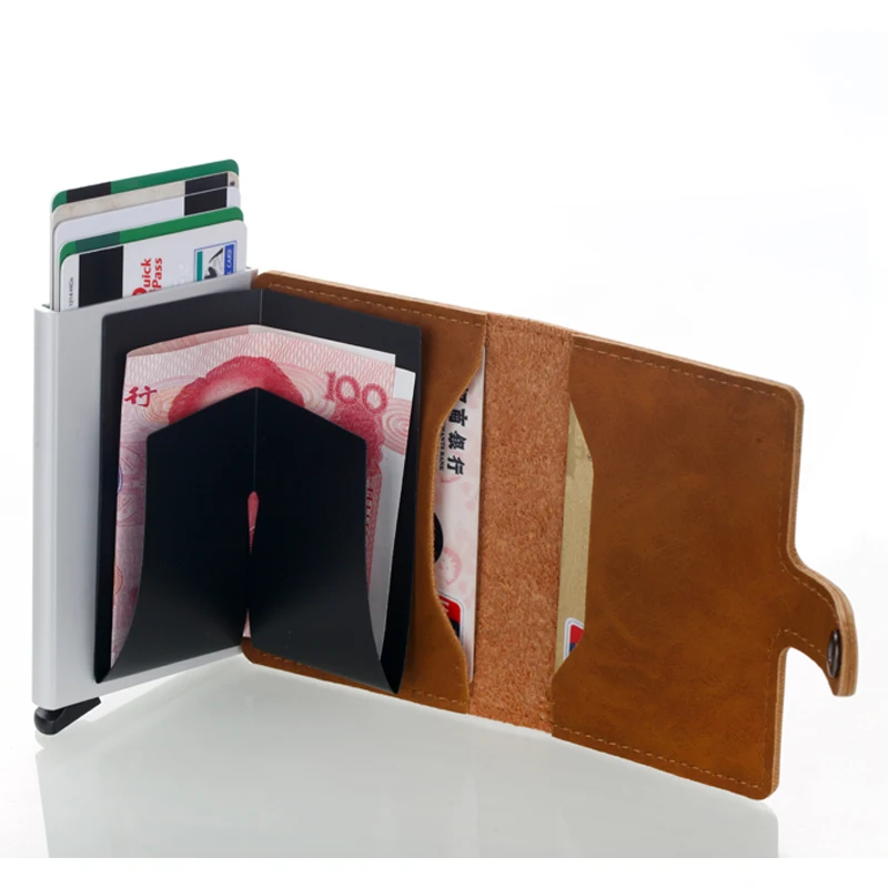 Мужской держатель для кредитных карт RFID замок автоматический PU кожаный Бизнес ID держатель карты Алюминиевый металлический мужской кошелек-Сумочка для карт