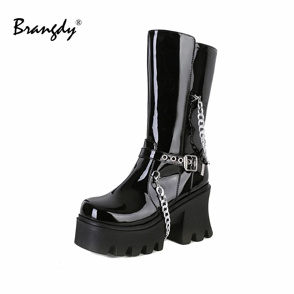 

Brangdy Hot Sale Women Mid Calf Boots Chunky Platform PU Women Shoes Metal Chain Square Toe Zipper Women Winter Boots With Fur
