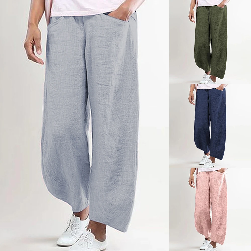 Pantalones anchos de algodón para mujer, de Color pantalones de lino, pantalones de oficina, pantalones finos de para mujer| Pantalones y pantalones capri| - AliExpress