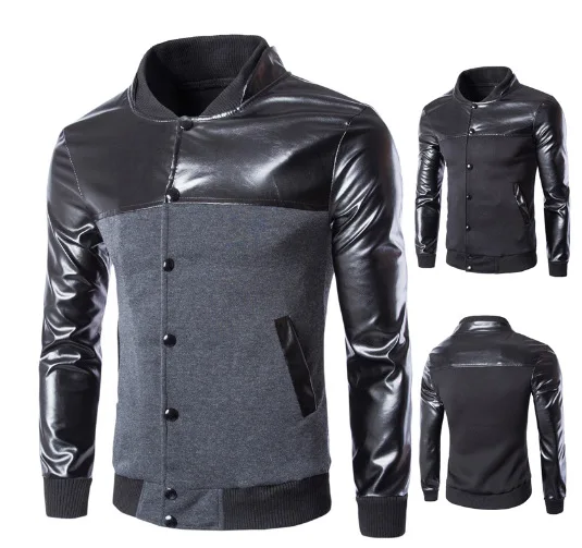 

Men Stand Collar Men Lagging Joint Men Woolen Cloth Jacket Fashion Woolen Cloth Leather Sleeves Jacket J03