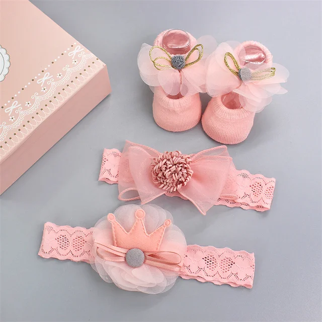 Infant Newborn Baby Girls 3Pcs/Set Slipper Socks Headband Gift Foot Socks Lace Crown Hair Band Accessories Photo Props Meias 1
