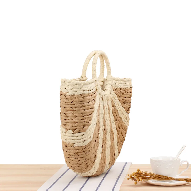 Casual Rattan Half Moon Handbags Women Wicker Woven Striped Hand Bag Summer Beach Straw Bag Large Capacity Tote Big Basket Purse