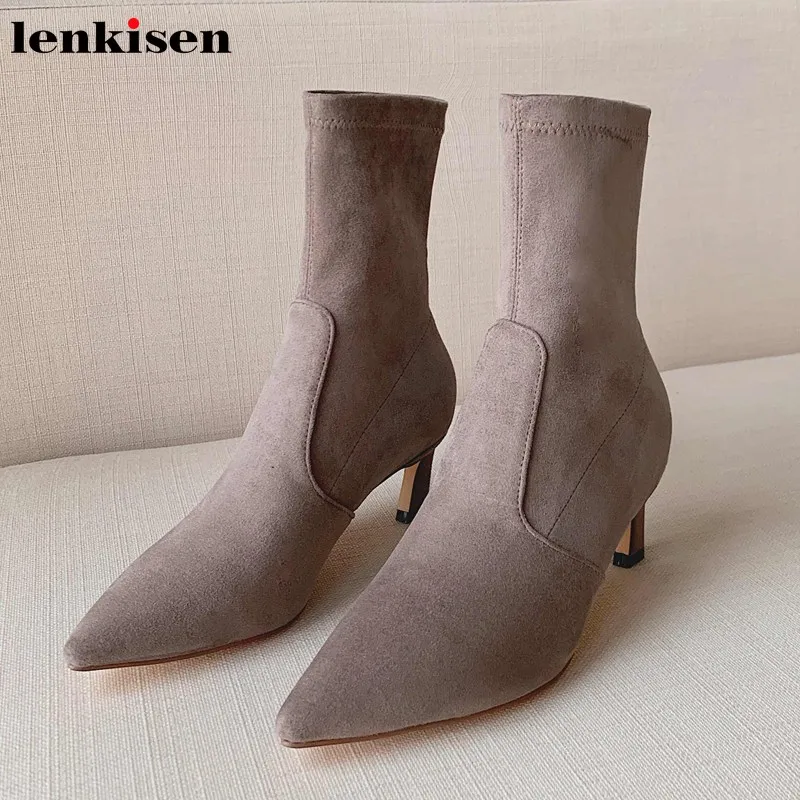

Lenkisen beauty lady basic fashion solid flock stretch boots pointed toe stiletto high heels winter women warm ankle boots L2f1