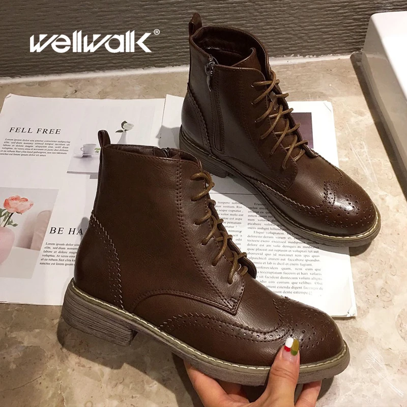 

Women Low Short Boots Ankle Booties Martens Riding Brogues Lace Up Chunky Low Heel Side Zip Platform Retro Vintage Fashion