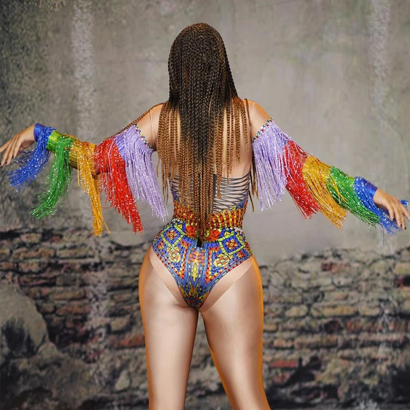 Разноцветные стразы с кисточками боди для женщин DJ певица бар сексуальный костюм для ночного клуба вечерние танцовщицы кристаллы боди с бахромой DJ1689
