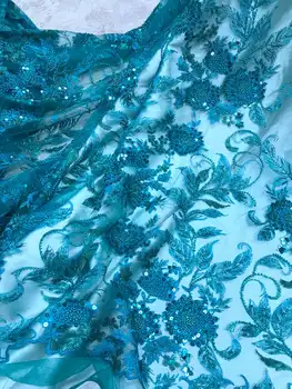 

15 Yards High Quality Sequins+Beads Sewing Machine Line Embossed French Mesh Gauze Teal Green African Nigeria Lace Wedding Dress