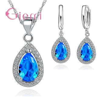 

Classic Women Waterdrop Crystal Pendant Necklaces Drop Earring Set For Wedding S925 Bridal Jewelry Sets