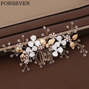 

Gold Leaf Pearl Bridal Hair Comb Headdress Wedding Hair Accessories Bridal Tiara Handmade Flower Wedding Hair Comb Head Jewelry