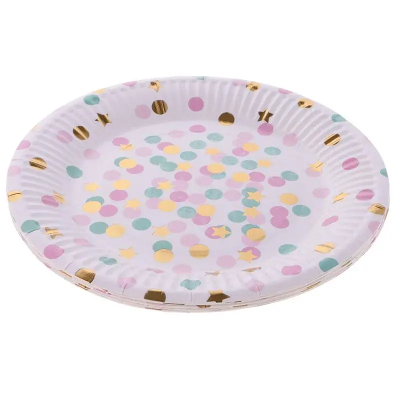 Hot Disposable Tableware Set 20pcs Plates Round+20pcs Cupboard Carton Multicolored Round Dot Pattern for Anniversary
