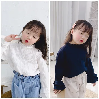 

2020 Children Spring New Girls Wooden Ear Nine-sleeve Shirts Toddler Baby Solid Color Mandarin Sleeve Blouse Pullover Tops