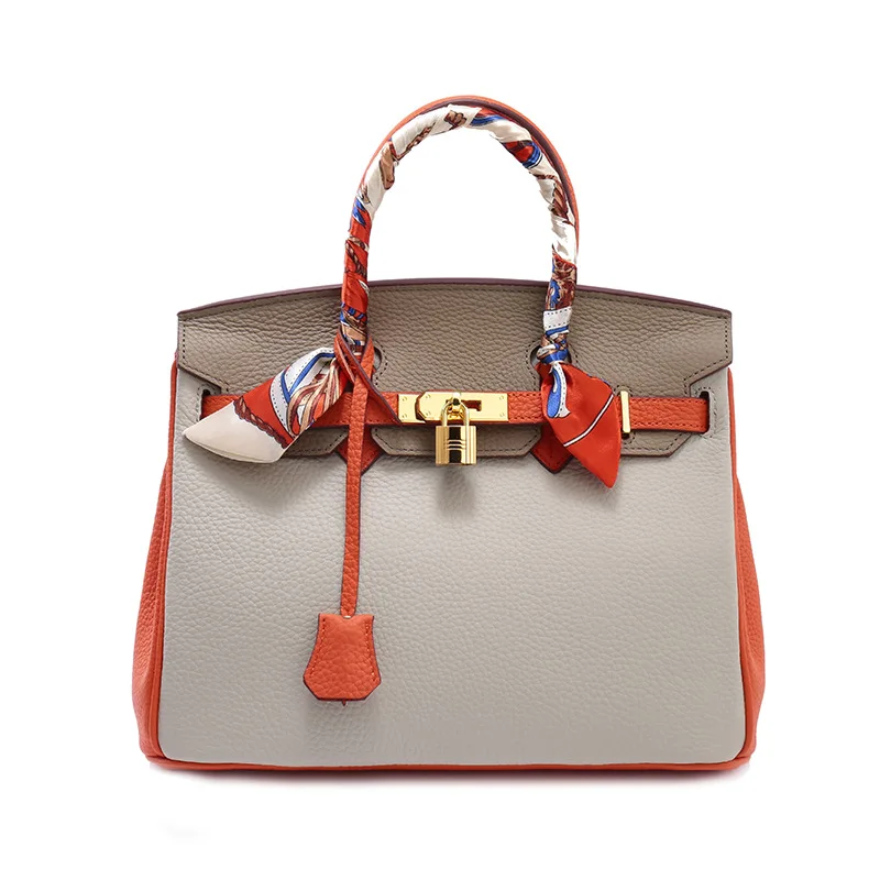 

Elegant Totes Designer Handbags Color-blocking Solid Bag with Lock Genuine Cow Leather Ladies Bags