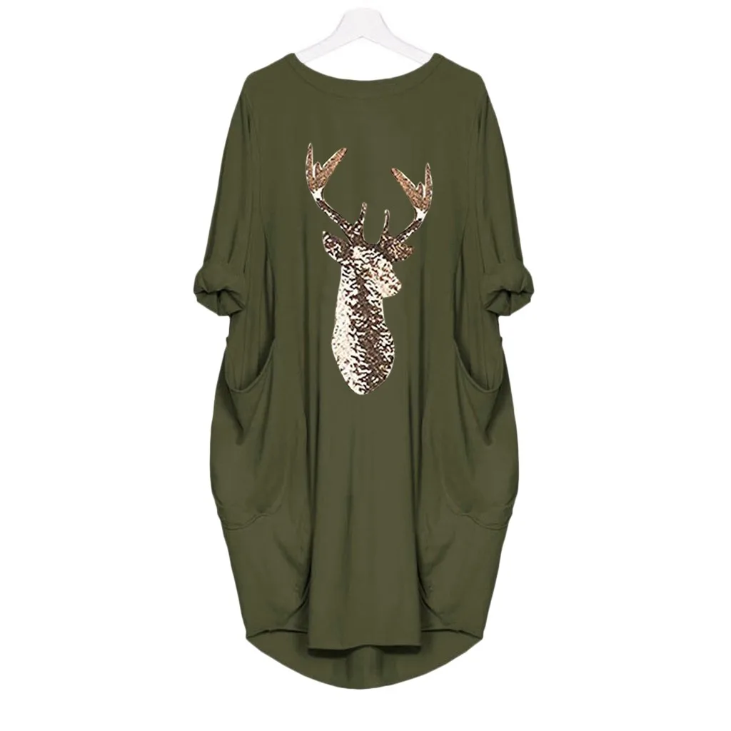 JAYCOSIN ladies dress winter large size round neck long sleeve solid color pocket dress Christmas antler print casual fashion