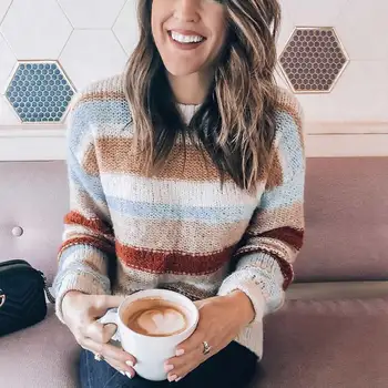 

2019 Autumn Pullover Pull Femme Streetwear Tops Knitted Sweater Women Invierno Fashion Striped Long Sleeve White Sweters