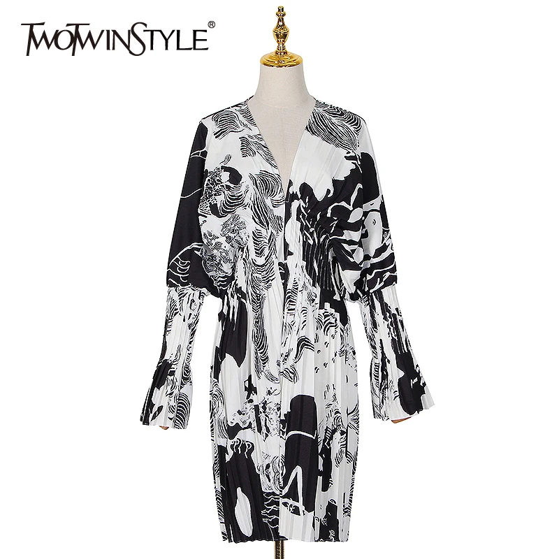 TWOTWINSTYLE Hit Color Print Women Dress V Neck Batwing Sleeve High Waist Patchwork Casual Dresses Female New Cloth 2020 Summer TWOTWINSTYLE Hit Color Print Women Dress V Neck Batwing Sleeve High Waist Patchwork Casual Dresses Female New Cloth 2020 Summer