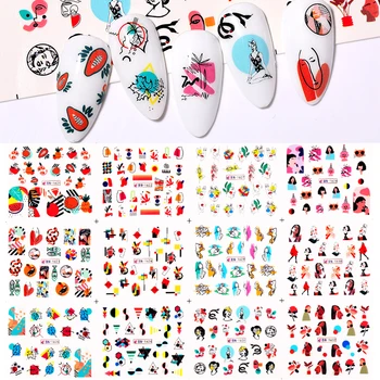 

12 Sheets Face Image Water Decal Sticker Flower Plant And English Words PatternTransfer Sticker Slider Watermark Nail Art Wraps