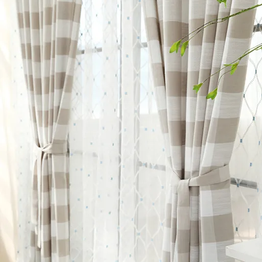 

Pastoral Grid Stripe Cotton and Hemp Fresh Curtains for Living Dining Room Bedroom.