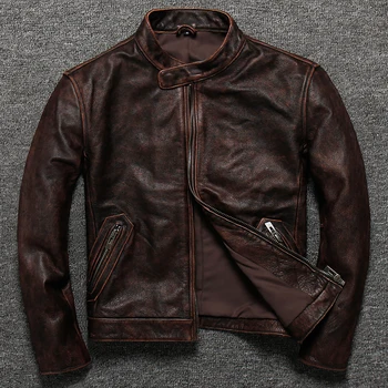 

Vintage Genuine Leather Jacket Men Short Spring Autumn Mens Real Cow Leather Jacket Stand Collar Motorcycle Cowhide Slim