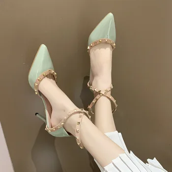 

High Heel Sexy Sandals Women 2020 Summer New Ladies Sandals Baotou Fine Heel Rivet Pointed Toe All-match Single Shoes Women