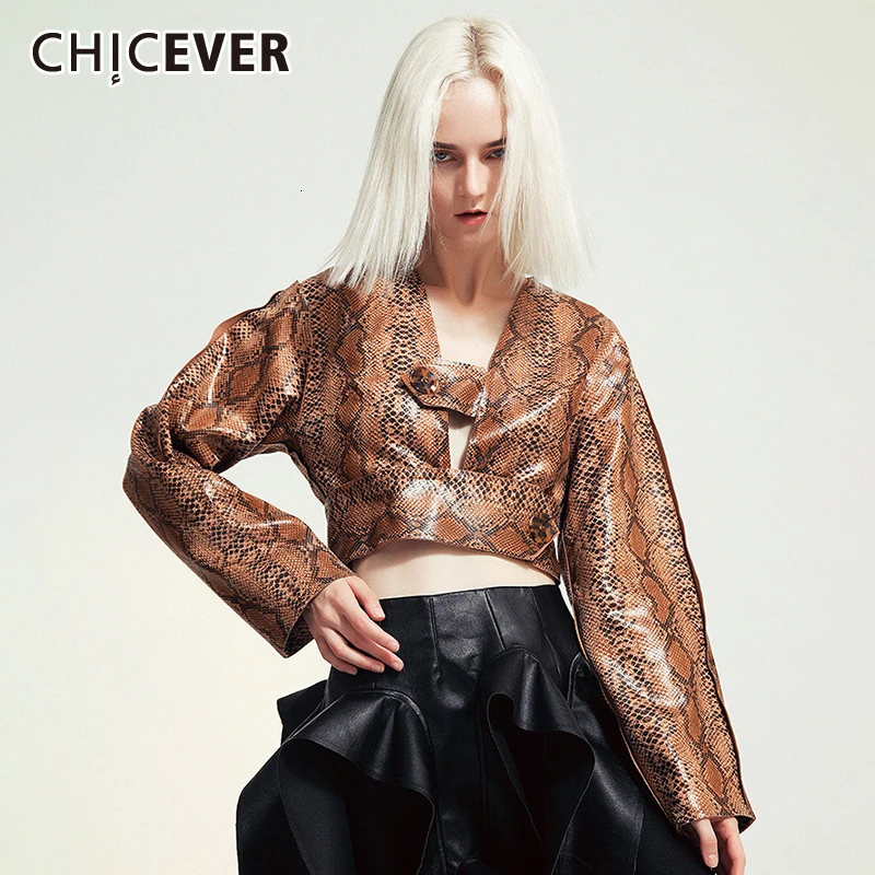 CHICEVER женские пальто из искусственной кожи с принтом, v-образный вырез, длинный рукав, большой размер, уличная одежда, Короткое женское пальто, осень, модная новинка
