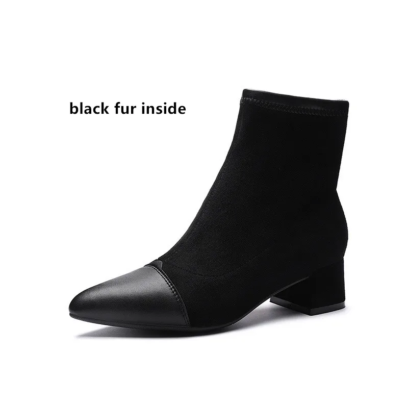 black fur Женские ботинки; полусапожки из флока с острым носком на квадратном каблуке; женские зимние ботинки; коллекция года; женские черно-бежевые Ботинки Martin без застежки - Цвет: black fur