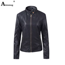 Женская мода из искусственной кожи Куртка черная, коричневая вареная Туника Верхняя одежда куртка воротник Мандарин молнии карманы тонкие женские пальто