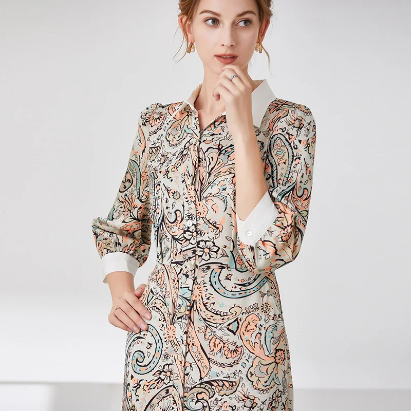 

Blue Yellow Paisley Floral Silk Shirt Dresses Women Fashion 2021 Summer Long Casual Sexy Office Work Daily Dress Plus Size Slim