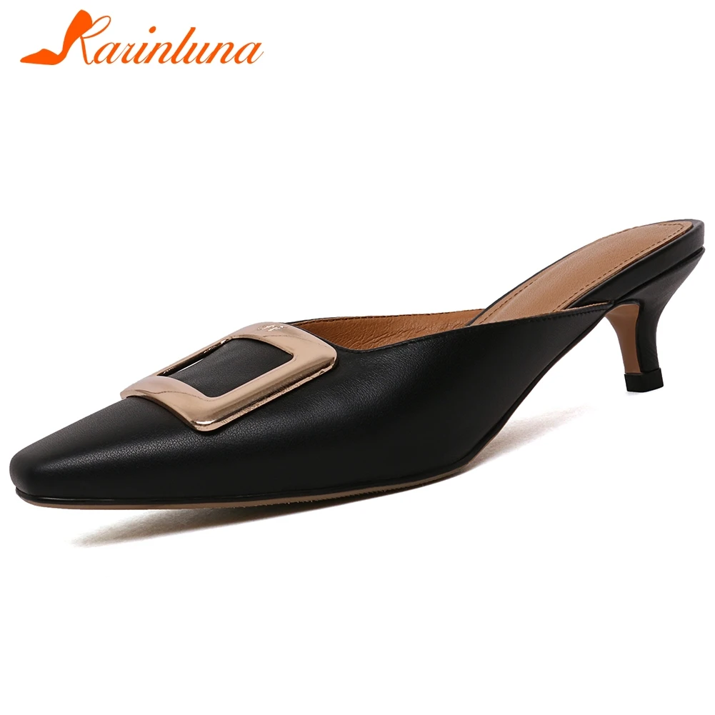 

KARINLUNA New Ladies Party Ol Sexy Mules Brand Fashion Decoration Thin Med Heels Pumps Women Genuine Leather Shoes Woman