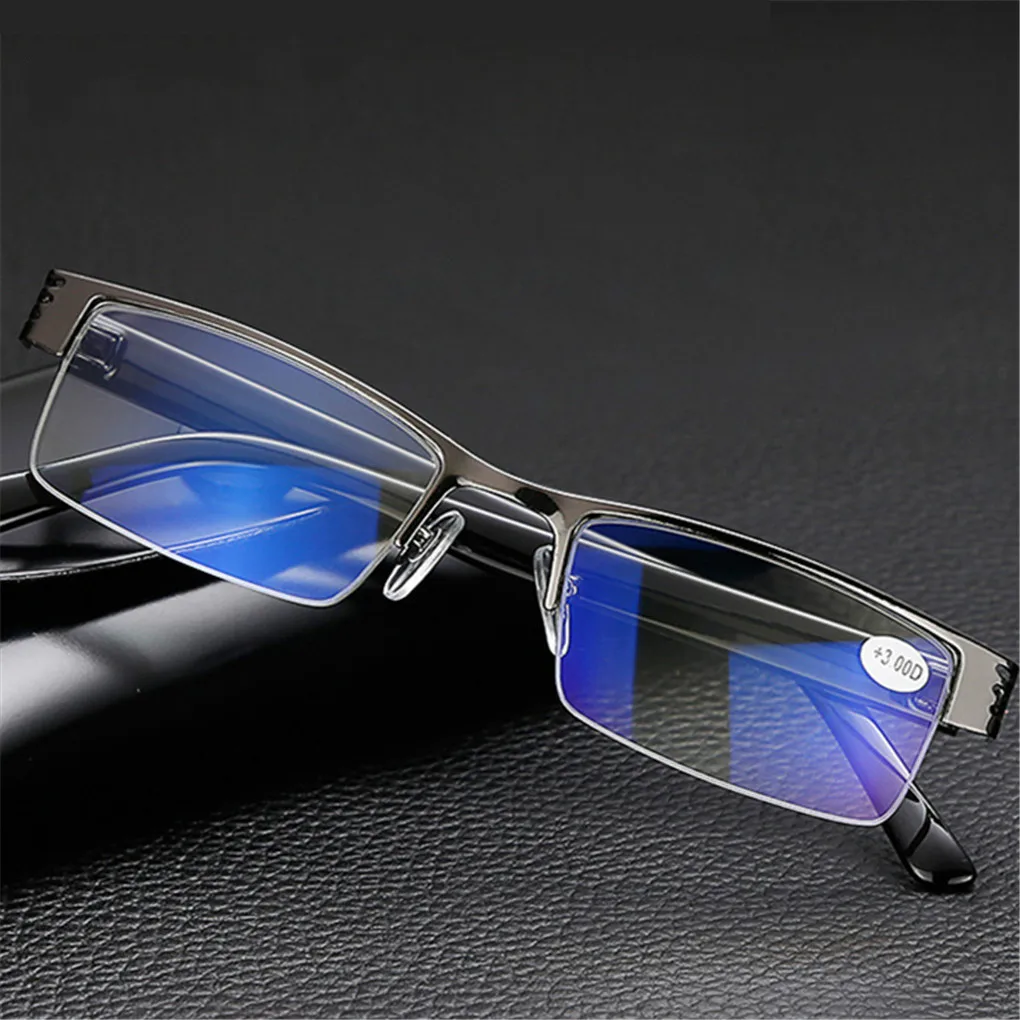 

Ti-CARING Blue Film Resin Reading Glasses Men Women Metal Half Frame Hyperopia Eyeglasses Diopter bifocal sunglasses