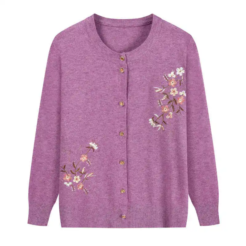 Spring Autumn Thin Knit Cardigan Jackets Grandma Embroidered Long Sleeve Sweater Outerwear Plus Size Short All-match Women's Top