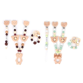 

3 Pcs/Set Baby Pram Pendant Rattle Pacifier Chain Clip Bracelet Wooden Teether F3ME