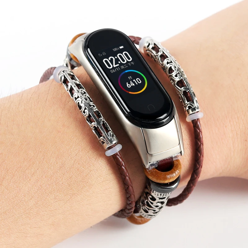 Кожаный браслет для Mi Band 4 ремешок металлическая нержавеющая сталь украшение xiaomi