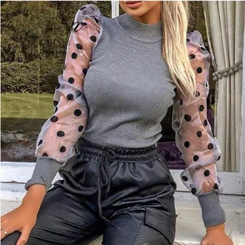 

Women Ladies Summer Mesh Puff Long Sleeve Shirt Loose Casual Blouse Tops Elegant Turtleneck Dot Party Clubwear Soft Clothes