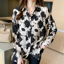 

Women Shirts 2021 Fashion Long-sleeve Blouse Black and White Cow Pattern Button Up Shirt Polo-neck Female Clothes OL Womens Tops