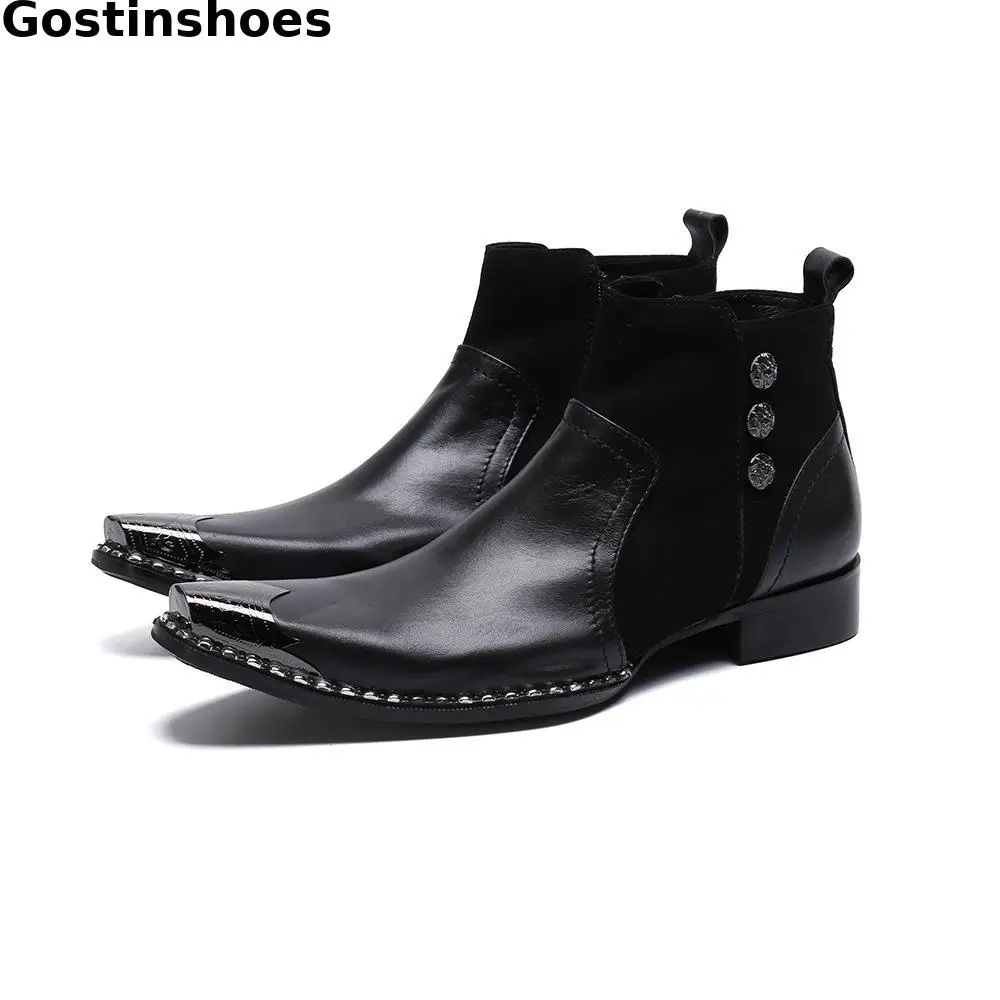 

Fashionable British Style Martin Boots Men's Pointed Genuine Leather Retro Men Ankle Boots Metal Captoe Slip On Side Zip Boots