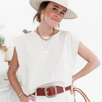 

Hot Sale Casual Summer T-shirt Women Shoulder Pad Style White Loose Pullover Tops 2020 Fashion Street Ladies Black Tshirts