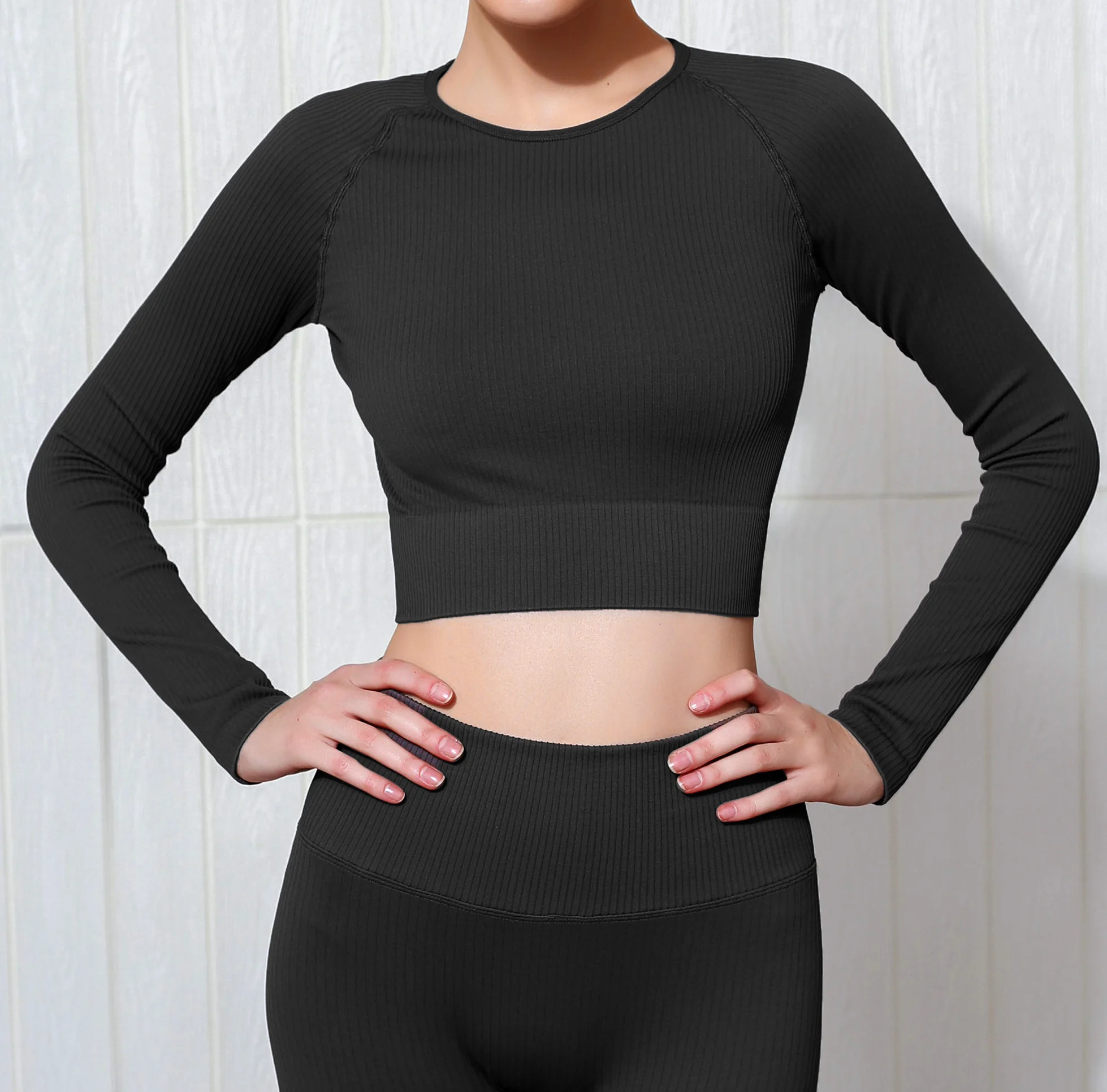 2 Piece Set Women Ribbed Seamless Long Sleeve Yoga Sets Workout Clothes for Women High Waist Sports Legging Long Sleeve Top