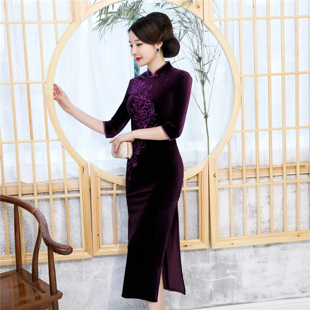Шанхай история 3 цвета традиционное китайское платье бархат Cheongsam 3/4 рукав цветок вышивка Qipao платья женские винтажные платья