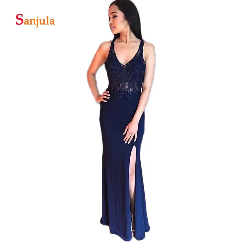 

Deep V Neck Sexy Evening Dresses Long Sheer Waist Appliques Beaded Evening Gowns Burgundy Jersey Leg Slit Prom Gowns D1401