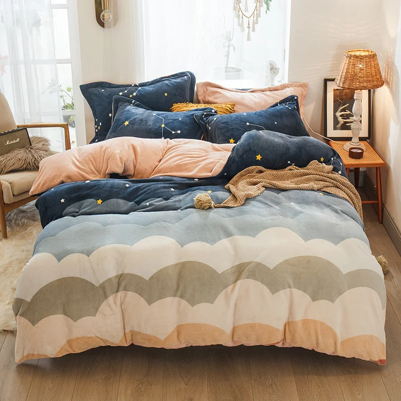 

Milk Velvet Family of Four Suede Fleece Bedding Kit Winter Coral Fleece Quilt Cover Flannel Bed Sheet