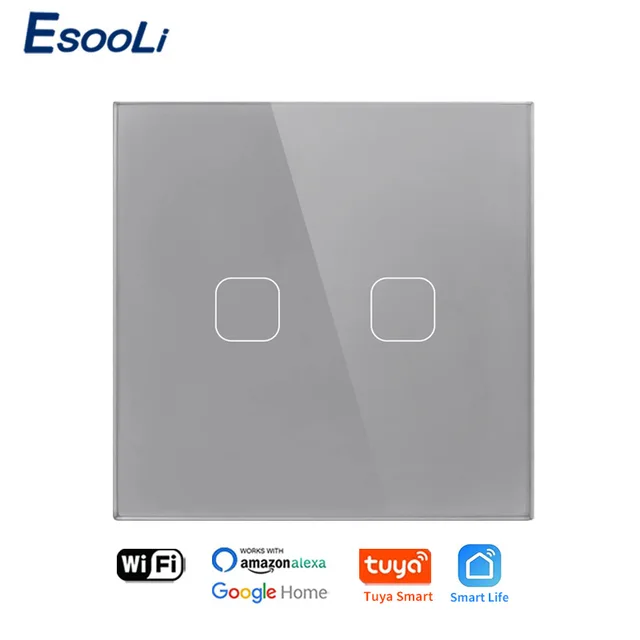 EsooLi Tuya Smart Life Glass Panel EU/UK Standard Touch Switch Zero/Single Fire Line Voice Control Light Wireless Wall Switch WIFI Gray 2 Gang