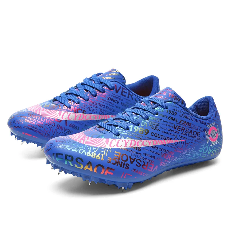 Men Kids Track Field Training Spikes Shoes Women Athlete Running Nail Newspaper Graffiti Shoes Mens Spike Racing Sneakers