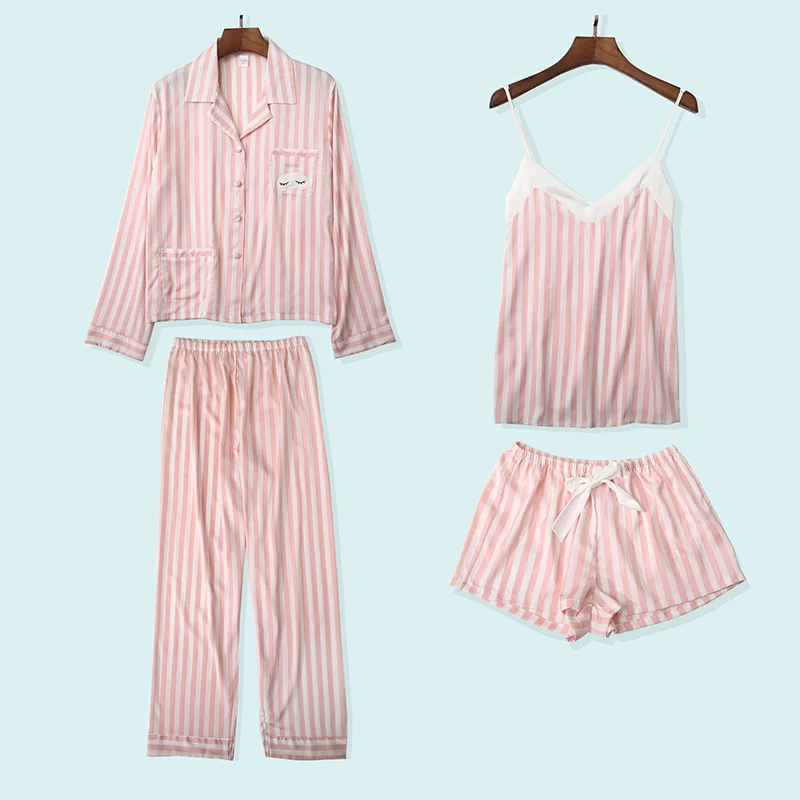 

QWEEK Sexy Pajamas for Women Stripe Sleepwear Thin 4 Pieces Nightwear Set Pijama Kawaii Turn-down Collar Pyjama Set Homewear