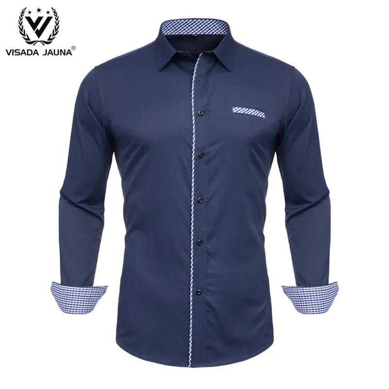 Navy11 VISADA JUANA Fashion Print Casual Men Long Sleeve Shirt Stitching Fashion Pocket Design Fabric Soft Comfortable Male Dress Slim - Цвет: Navy11