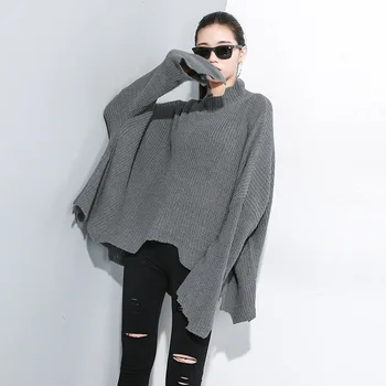 

Asymmetric Batwing Sweaters Women Korea Knit Sweater Female Gray Casual Fashion Turtleneck Long Sleeve Loose Large Size SA305S30