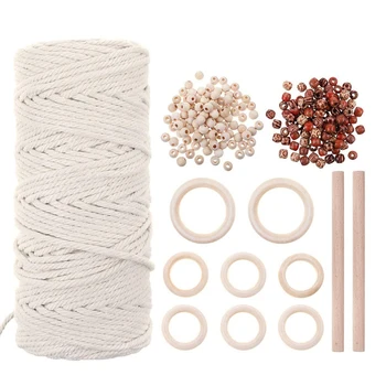

Natural Macrame Cord m Cotton Cord with 8Pcs Wood Ring and 2 Wooden Stick For DIY Craft Plant Hangers Knitting