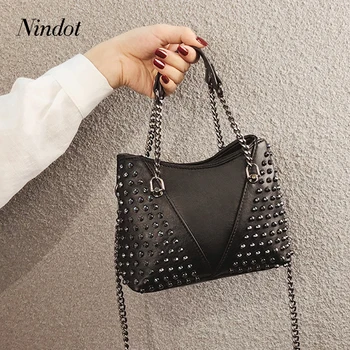 

Nindot rivet crossbody bag female small shoulder messenger bag pu leather luxury designer chain fashion style black handbag