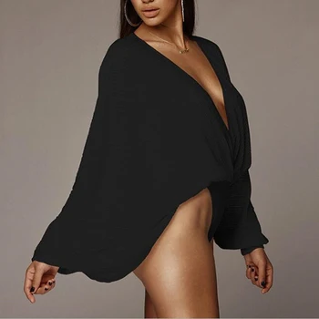 

New Women's Jumpsuit Solid Color Fashion Pleated Casual Loose Jumpsuit Sexy V-neck Long Sleeve Women's Jumpsuit