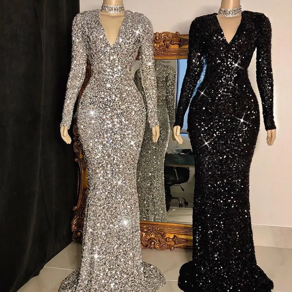 Vestidos Elegantes Para Mujer Long Mermaid Prom Dresses V-neck Long Sleeve Sequins African Women Black Girl Prom Gowns For Party formal evening dresses